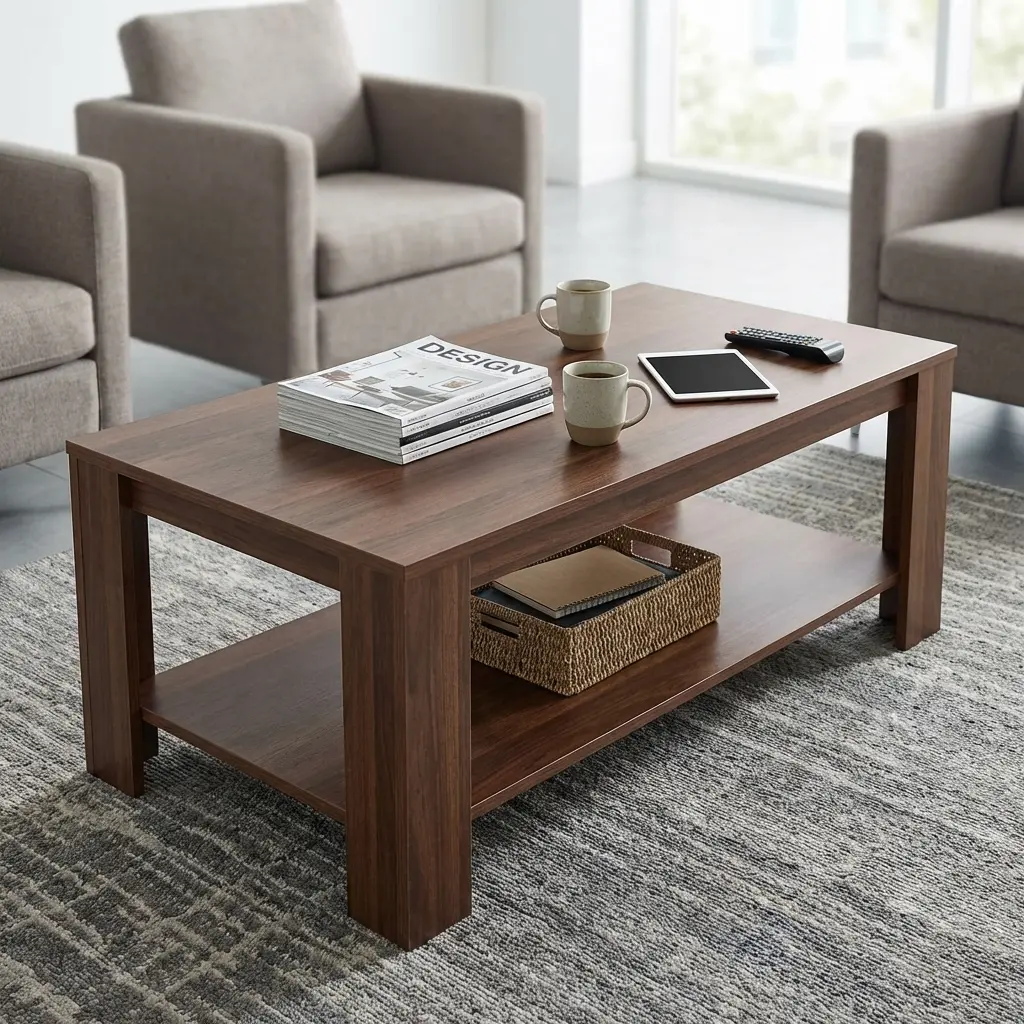 Modern Wood Coffee Table With Lower Shelf Storage And Minimalist Wooden Design