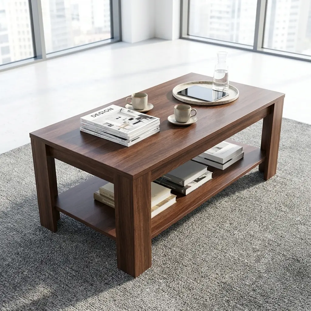 Modern Wood Coffee Table With Lower Shelf Storage And Minimalist Wooden Design