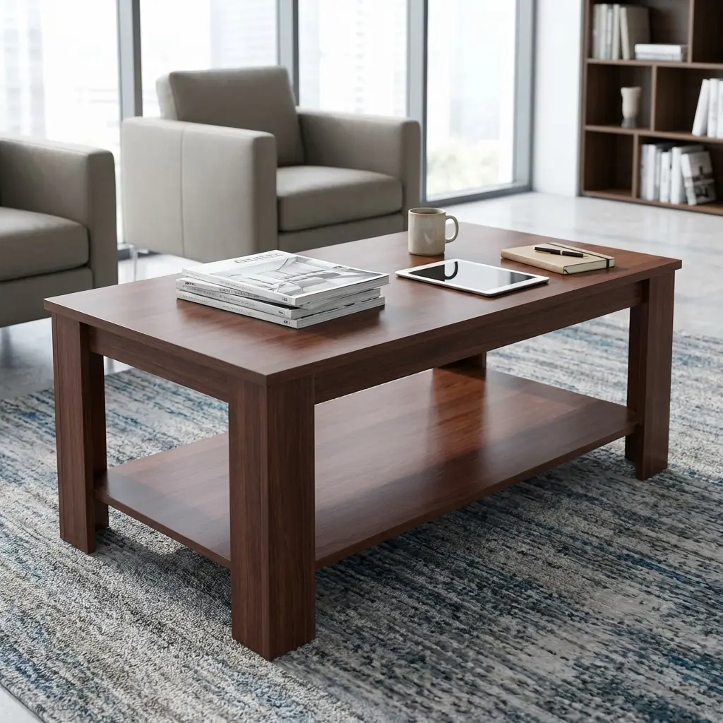 Modern Wood Coffee Table With Lower Shelf Storage And Minimalist Wooden Design