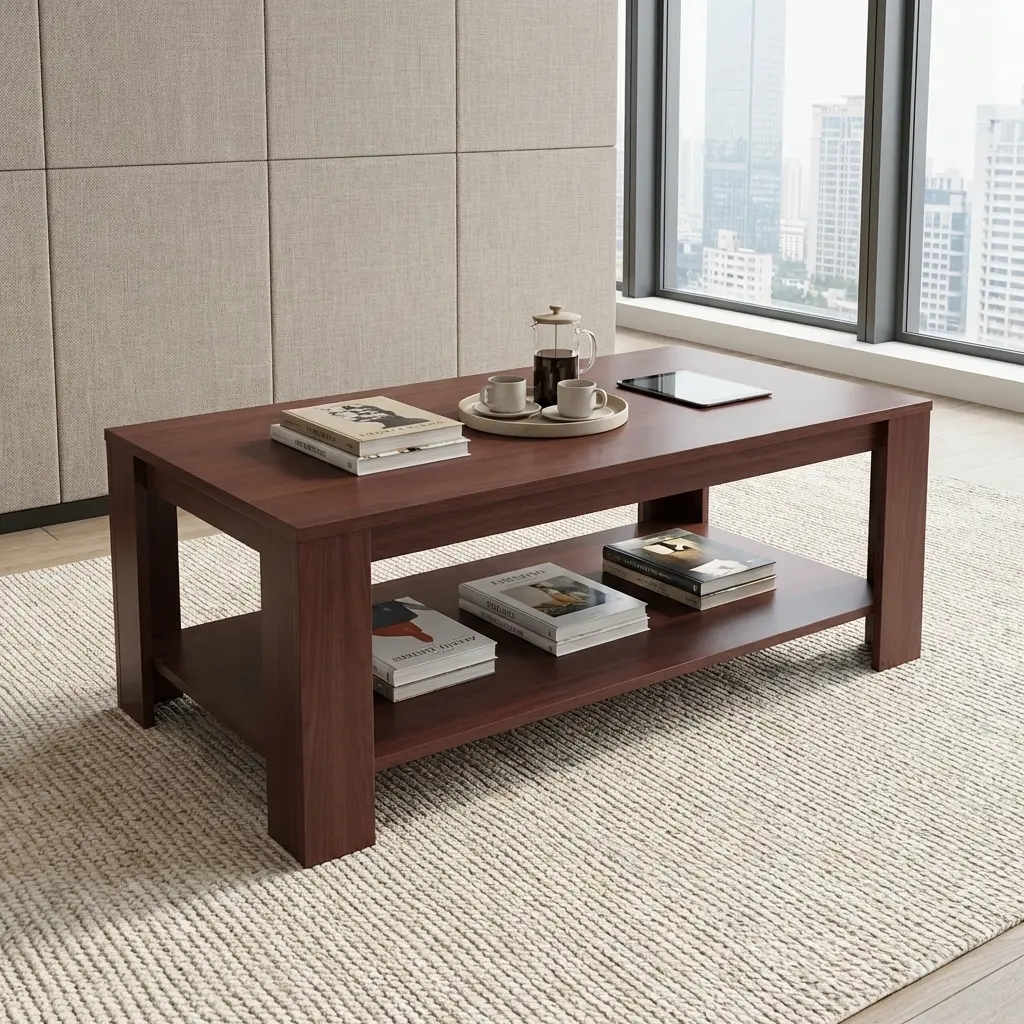 Modern Wood Coffee Table With Lower Shelf Storage And Minimalist Wooden Design
