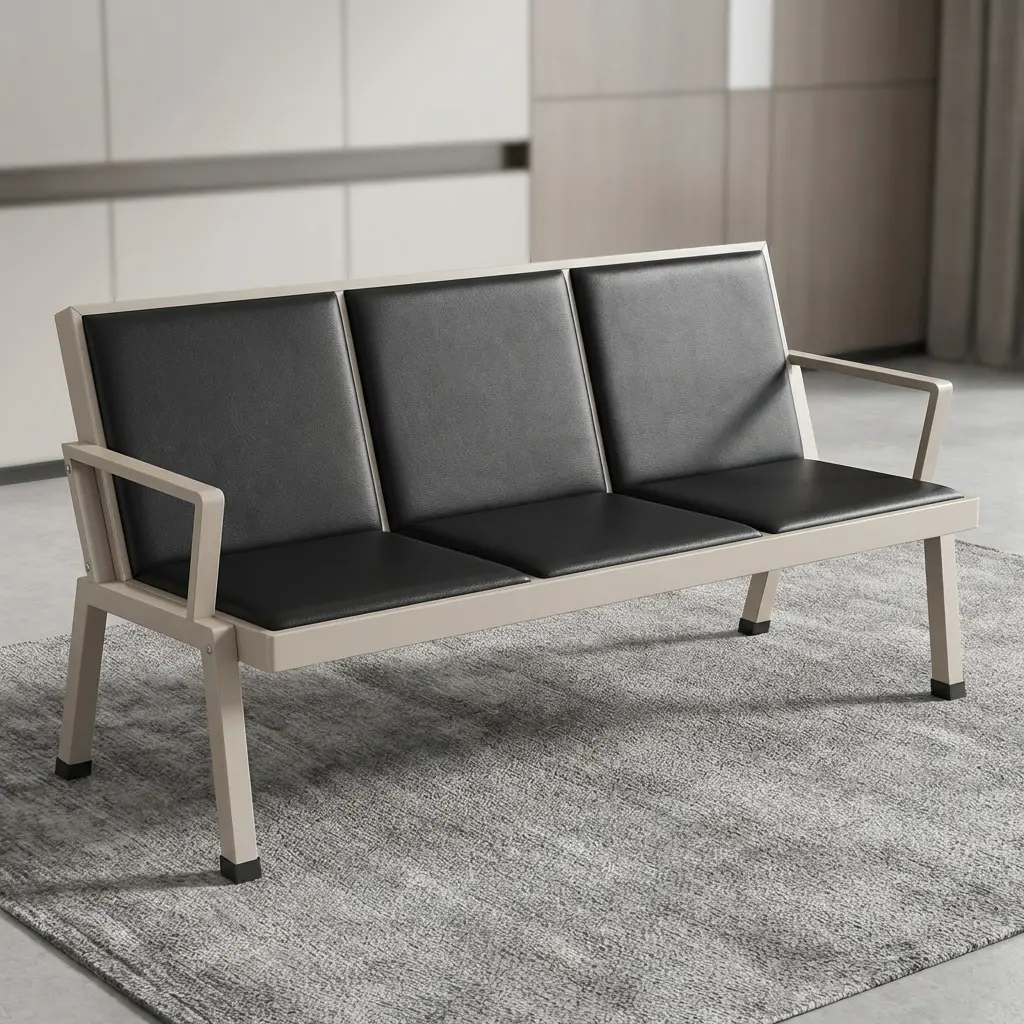 Padded Lobby Visitor Bench With Three Cushioned Seats And Metal Frame For Reception And Waiting Areas