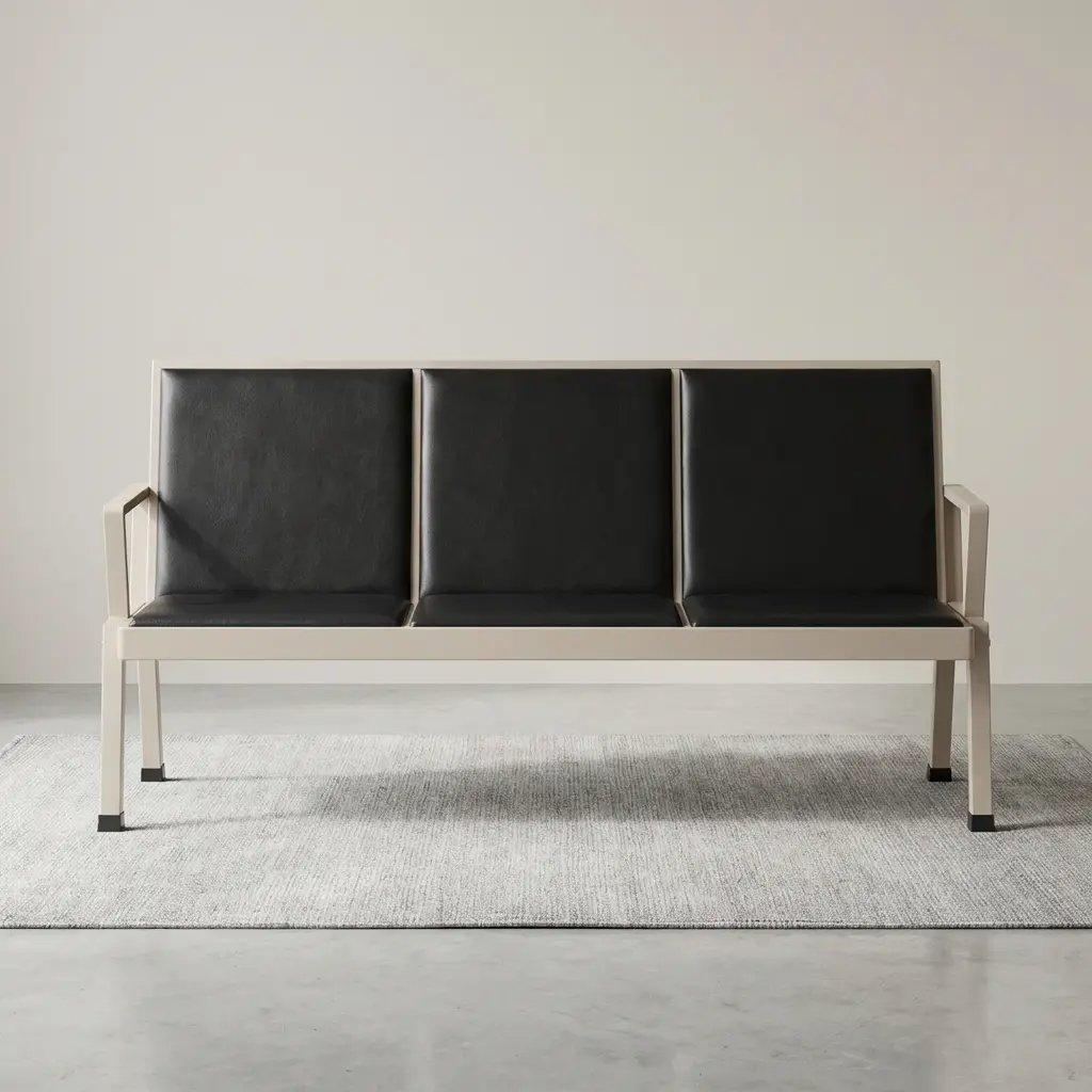 Padded Lobby Visitor Bench With Three Cushioned Seats And Metal Frame For Reception And Waiting Areas