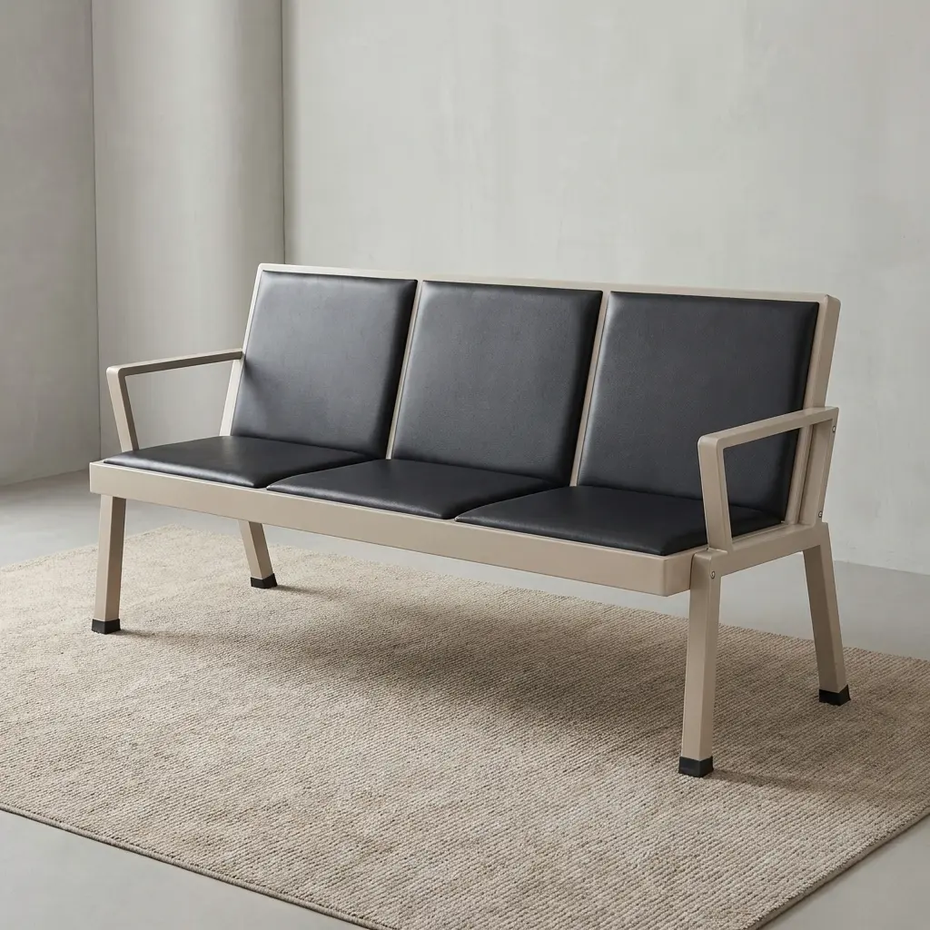 Padded Lobby Visitor Bench With Three Cushioned Seats And Metal Frame For Reception And Waiting Areas