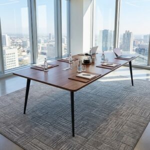 Modern 2.4m Boardroom Table with wood finish and metal legs in a contemporary office meeting room