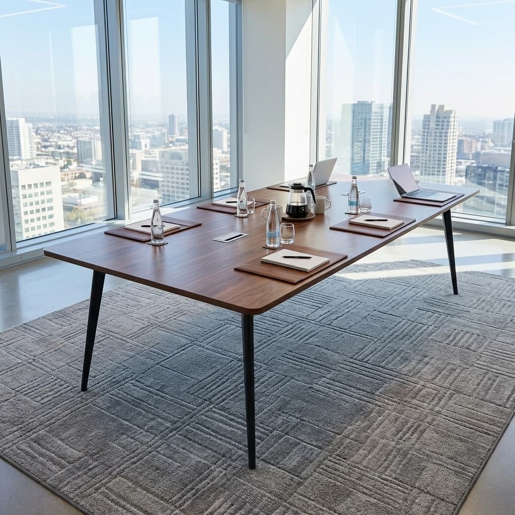 Modern 2.4M Boardroom Table With Wood Finish And Metal Legs In A Contemporary Office Meeting Room