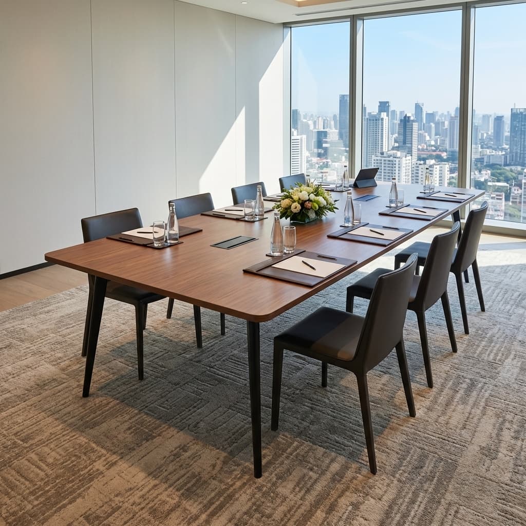 Modern 2.4M Boardroom Table With Wood Finish And Metal Legs In A Contemporary Office Meeting Room