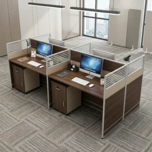 Dark Wood 4-Person Office Desk with partition panels and storage drawers for modern office workspace