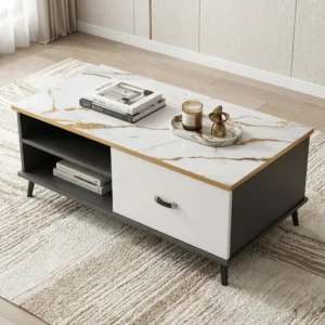 Luxury Gold-Trim Center Table with marble top, 2 drawers and 4 shelves for modern living room storage