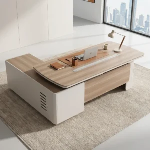 2.2m Floating Top Office Desk with modern wood finish, cable management and side storage cabinet for executive office workspace