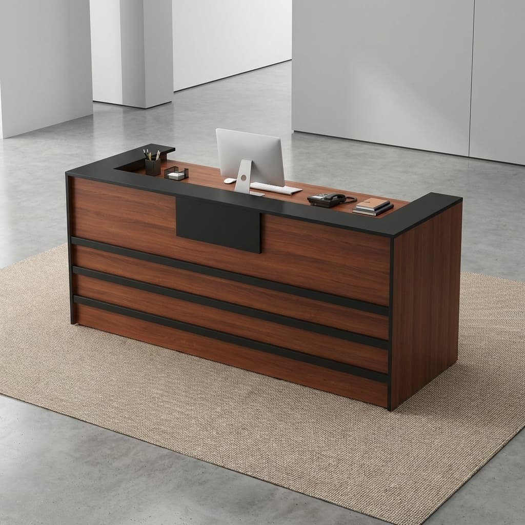 Spacious 2M Reception Desk With Wood Finish And Black Top, Modern Office Reception Counter Design