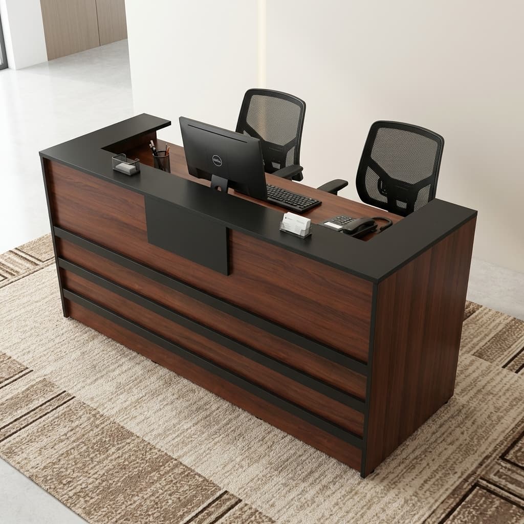 Spacious 2M Reception Desk With Wood Finish And Black Top, Modern Office Reception Counter Design