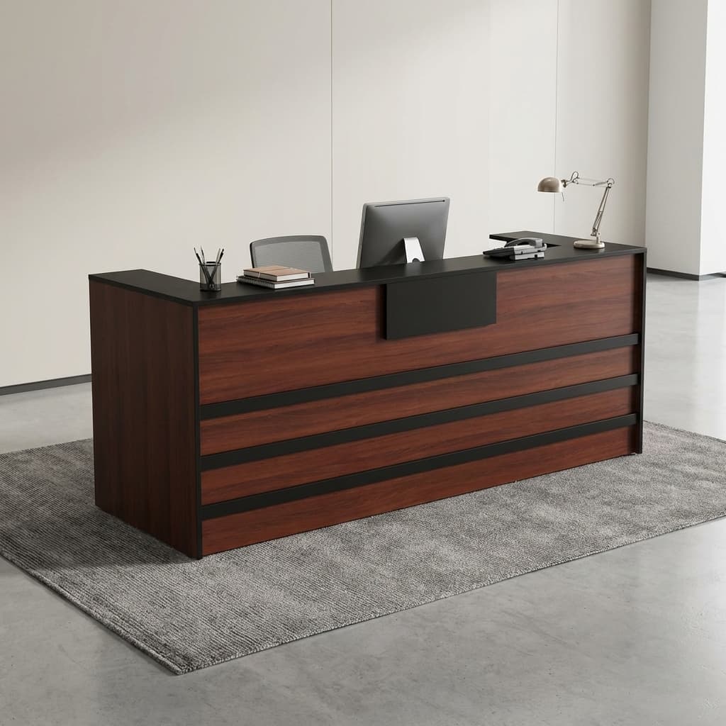 Spacious 2M Reception Desk With Wood Finish And Black Top, Modern Office Reception Counter Design