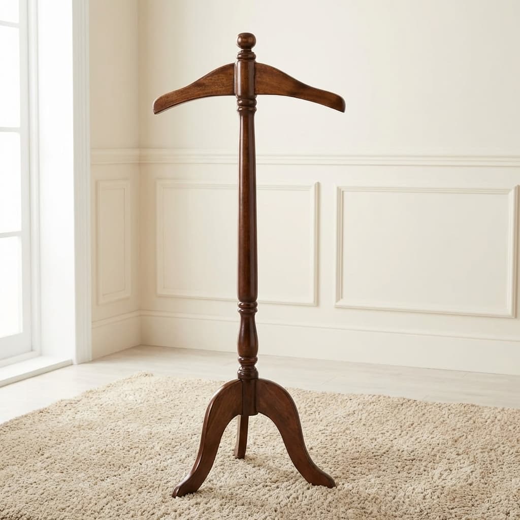 Professional Hardwood Coat Rack In A Dark Brown Finish Featuring A Contoured Coat Hanger Top, A Turned Wooden Central Post, And A Three-Legged Arched Pedestal Base.