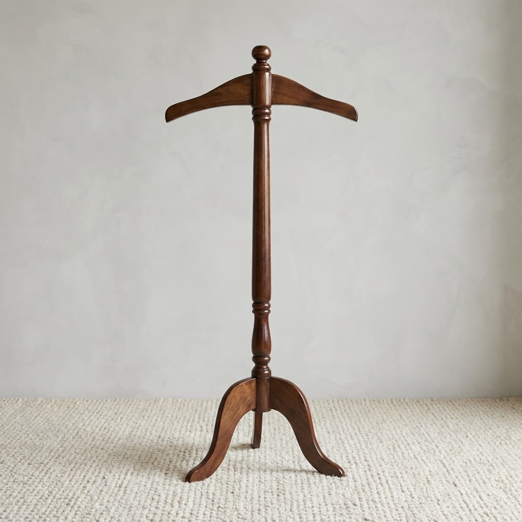 Professional Hardwood Coat Rack In A Dark Brown Finish Featuring A Contoured Coat Hanger Top, A Turned Wooden Central Post, And A Three-Legged Arched Pedestal Base.