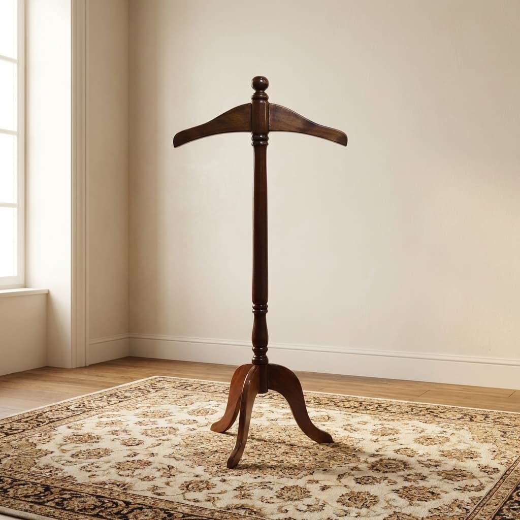 Professional Hardwood Coat Rack In A Dark Brown Finish Featuring A Contoured Coat Hanger Top, A Turned Wooden Central Post, And A Three-Legged Arched Pedestal Base.