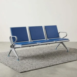 3-Seater Blue Padded Bench with metallic frame and cushioned seats for office and reception waiting areas