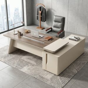 Spacious L-Shaped Executive Desk with 2.4m surface, side cabinet storage, and modern wood finish for executive office workspace