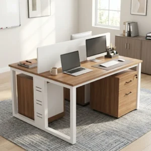 2-Person Executive Desk Set with central divider and drawer storage in modern wood and white finish