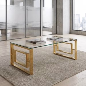 Modern Gold & Glass Coffee Table with geometric gold frame and tempered glass top