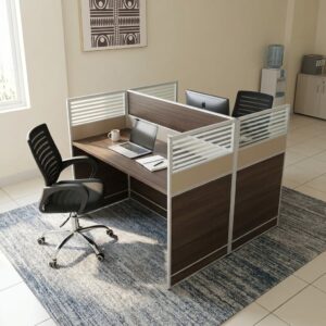 Back-to-Back Workstation Desk with partition panels and wooden desktop