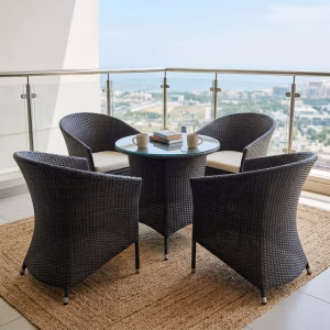 Weatherproof Patio Furniture Set with woven rattan chairs and round outdoor table for balcony and patio use