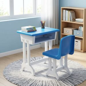 Ergonomic Blue School Desk with durable plastic top, strong metallic base, and storage shelf. Perfect for classrooms and home study spaces.
