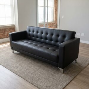 Black Leather 3-Seater Sofa with tufted backrest and metallic legs for office and reception use