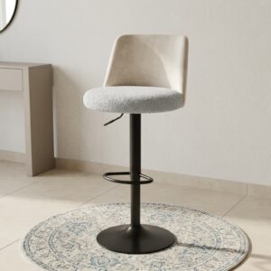 Adjustable Bouclé Bar Stool with textured bouclé seat and black metal adjustable base