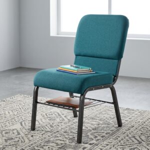 Heavy Duty Event Seating with cushioned fabric seat and metal frame with storage rack