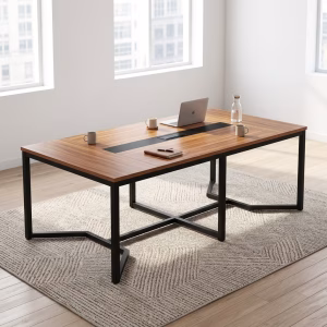 6-Person Office Meeting Table with wooden top and black metal frame with cable management panel