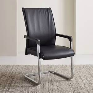 Black Leather Guest Chair with cushioned seat, armrests, and metal cantilever frame