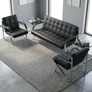 Black Leather Reception Sofa 5-seater with cushioned seats and chrome metal frame for office reception