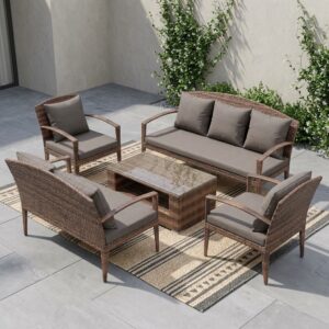 7-Seater Wicker Patio Set with cushioned seating and matching outdoor coffee table