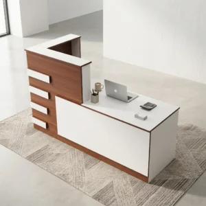 1.6m Modern Reception Desk with wood finish, white panels, and storage drawers for office reception