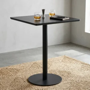 Modern Pedestal Bistro Table with square top and black metal base for café or dining use