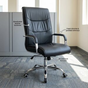 Fixed Chrome Armrest Seat with breathable leather backrest and tilt lock function for office use