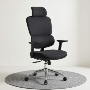 Black Fabric Ergonomic Chair with adjustable headrest, reclining backrest, and 2D armrests for office use