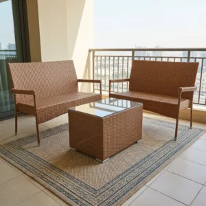 Modern Outdoor Lounge Set with woven chairs and glass-top table on balcony