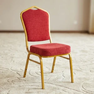 Ultimate Luxury Banquet Chair with padded seat, fabric upholstery, and stackable gold metal frame for events and conferences