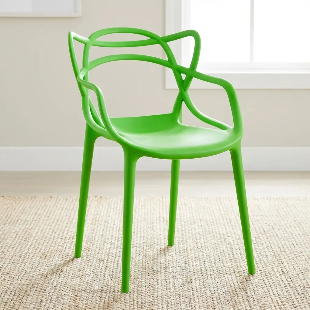 A Bright Green Solid Plastic Stacking Chair Featuring A Single-Piece Molded Polymer Frame, Integrated Armrests, And An Interwoven Loop Backrest Design.