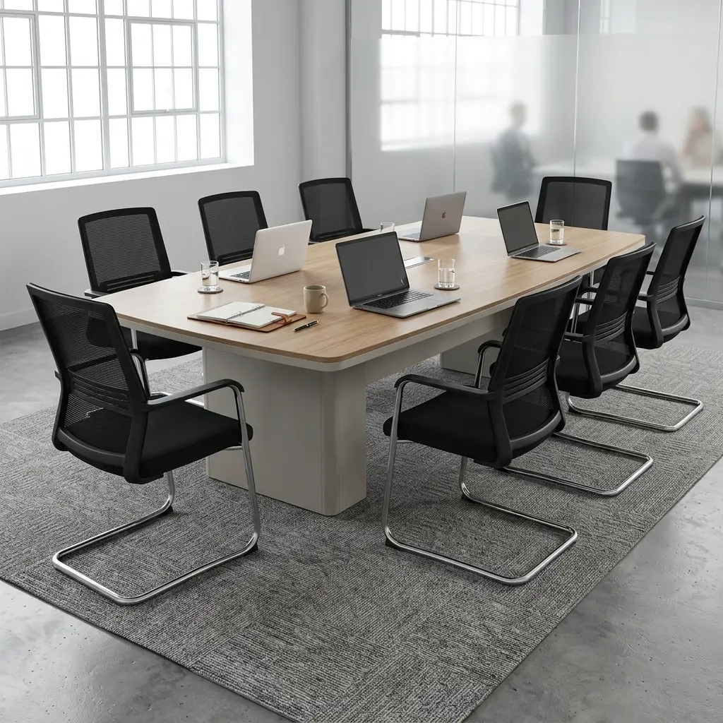 Modern 8-Seater Boardroom Table 2.4M With Wood-Tone Conference Surface And Executive Meeting Room Design
