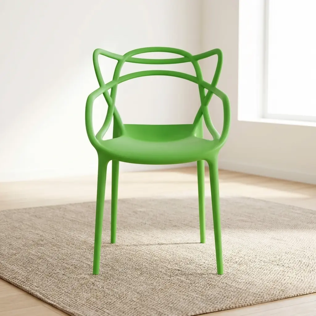 A Bright Green Solid Plastic Stacking Chair Featuring A Single-Piece Molded Polymer Frame, Integrated Armrests, And An Interwoven Loop Backrest Design.