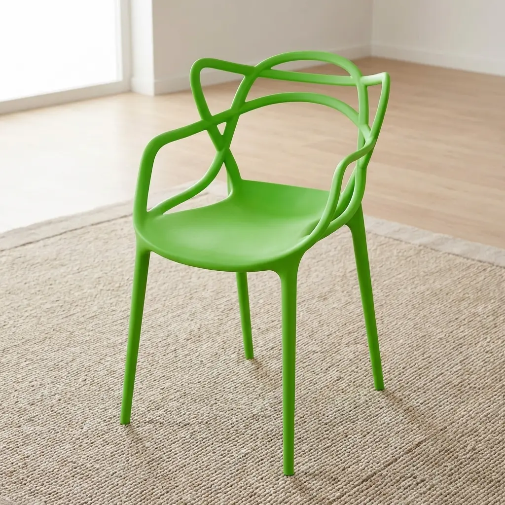 A Bright Green Solid Plastic Stacking Chair Featuring A Single-Piece Molded Polymer Frame, Integrated Armrests, And An Interwoven Loop Backrest Design.