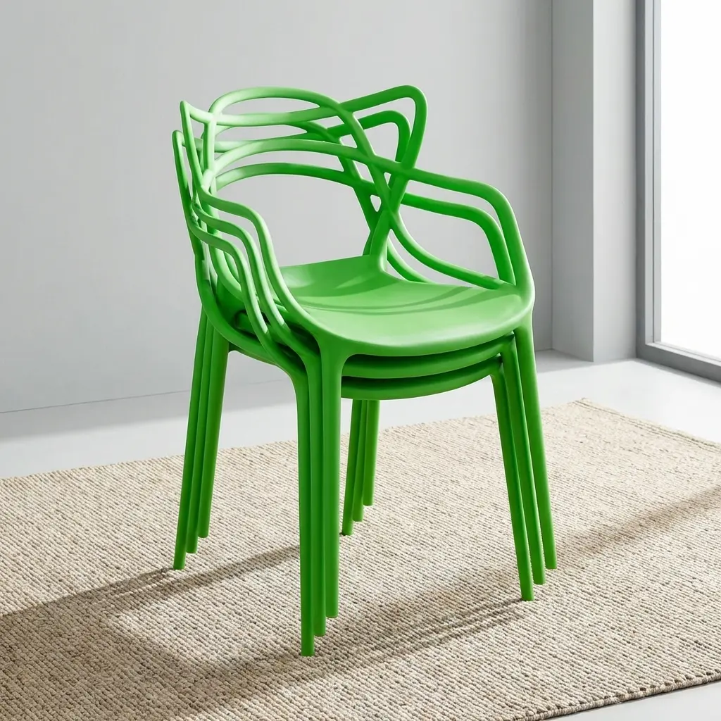 A Bright Green Solid Plastic Stacking Chair Featuring A Single-Piece Molded Polymer Frame, Integrated Armrests, And An Interwoven Loop Backrest Design.