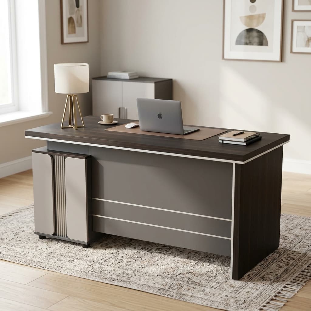 Premium 1.4M Office Desk With Spacious Tabletop, Integrated Lockable Drawer Storage, And Modern Executive Wood Finish