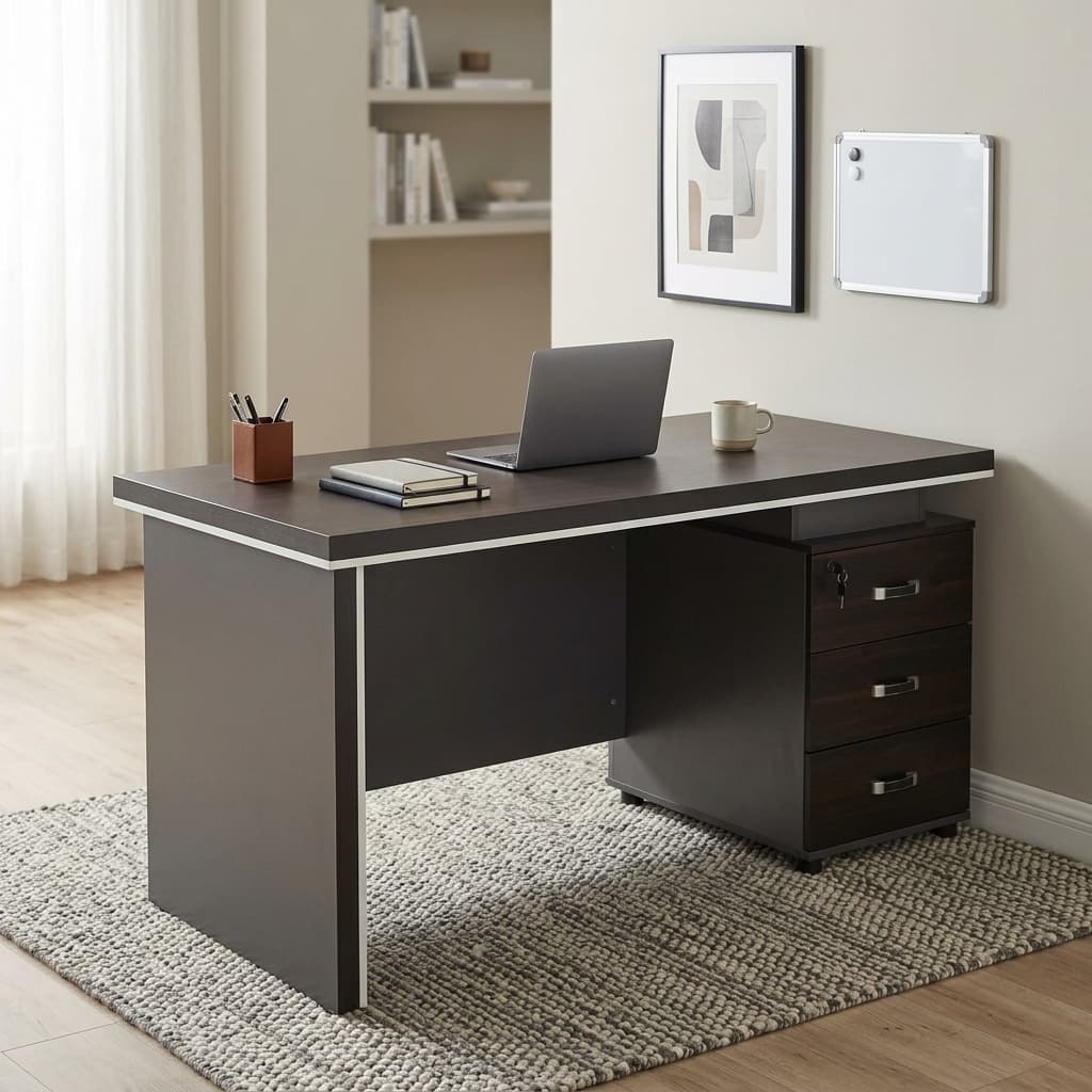 Premium 1.4M Office Desk With Spacious Tabletop, Integrated Lockable Drawer Storage, And Modern Executive Wood Finish
