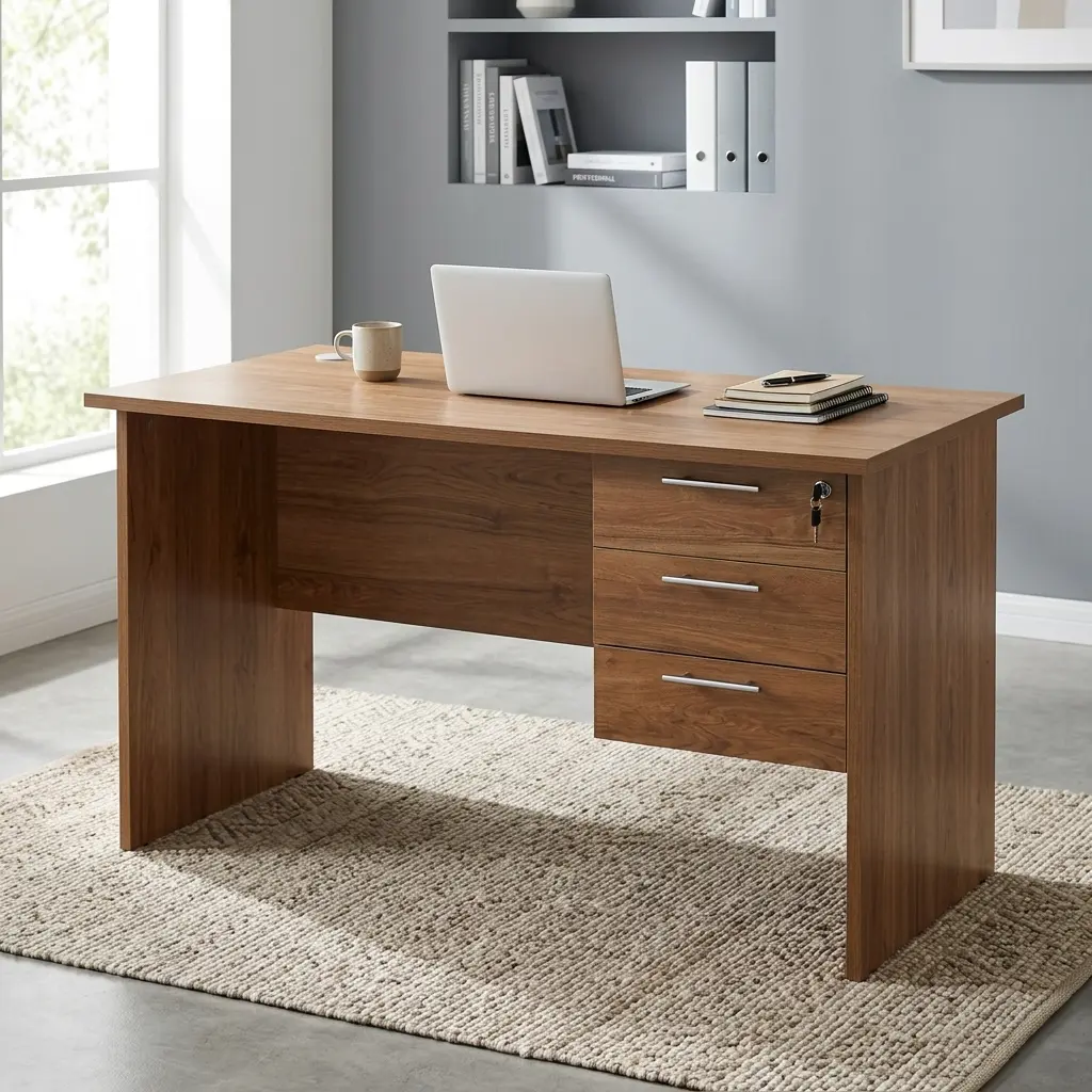 0.9M Wooden Office Desk With Integrated 3-Drawer Storage Pedestal And Compact Modern Office Workstation Design