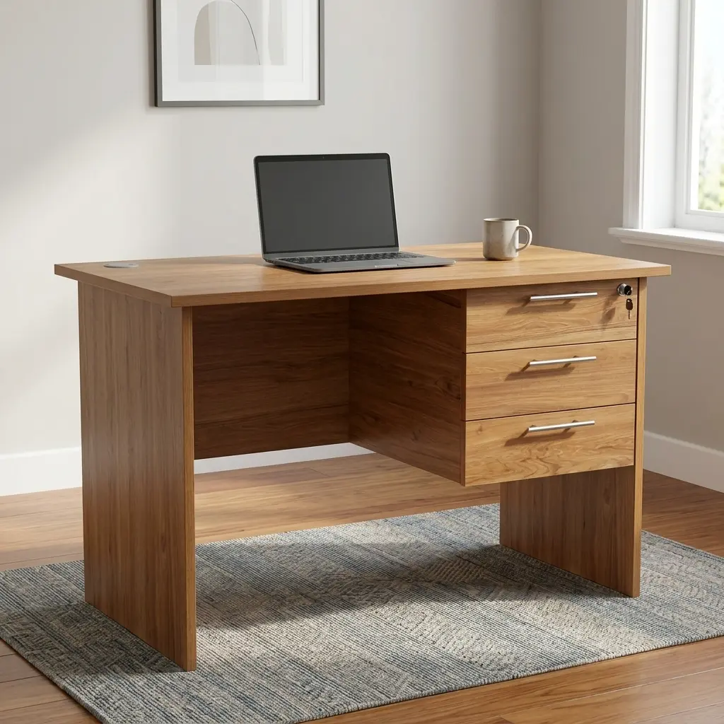 0.9M Wooden Office Desk With Integrated 3-Drawer Storage Pedestal And Compact Modern Office Workstation Design