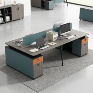 Modern Walnut 4-Person Desk with divider panels and storage drawers for office workspace