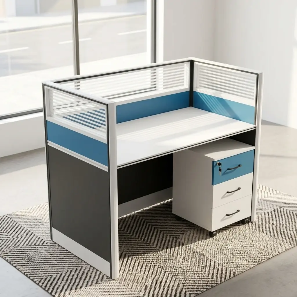 Single Person Office Cubicle With Frosted Partitions, Spacious Desk, And Lockable Mobile Pedestal Drawer